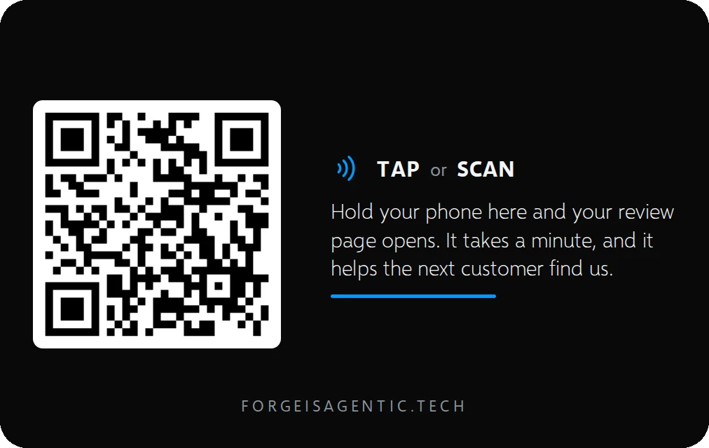 An illustration of the other side of a review card, explaining that holding a phone to it opens the review page.