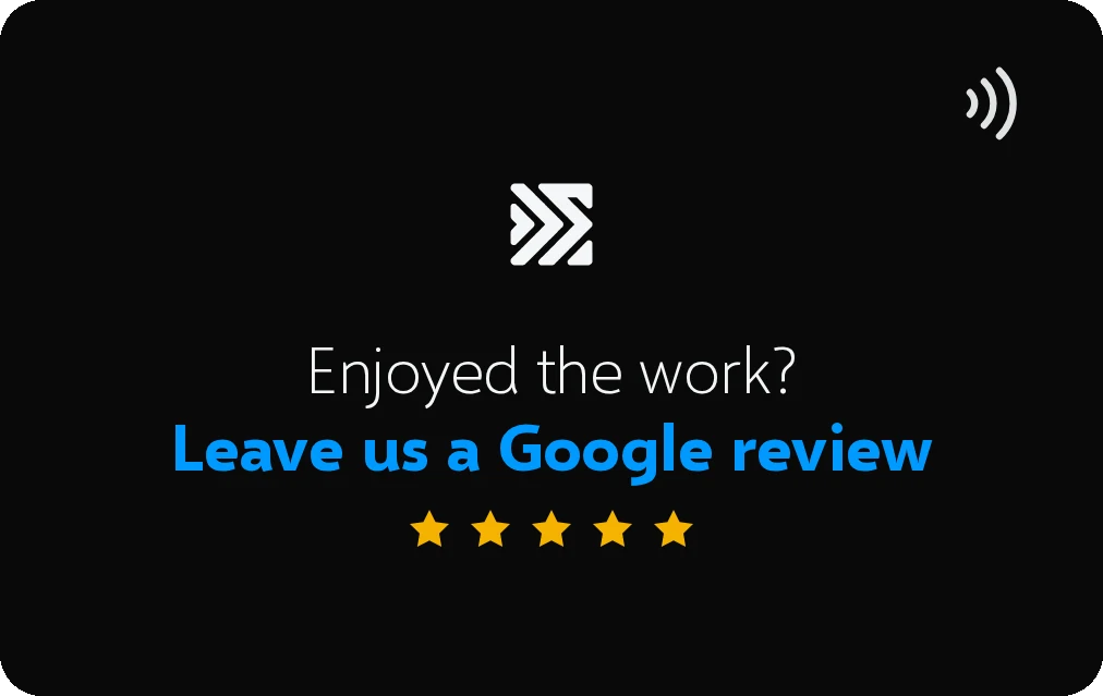 An illustration of a Google review card reading Enjoyed the work? Leave us a Google review.